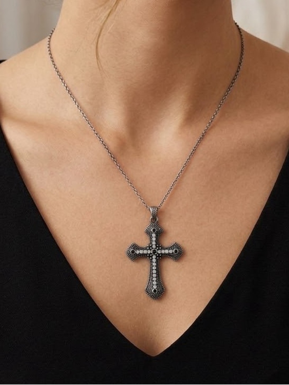 Sterling Silver-Tone Black Cross Pendant Necklace